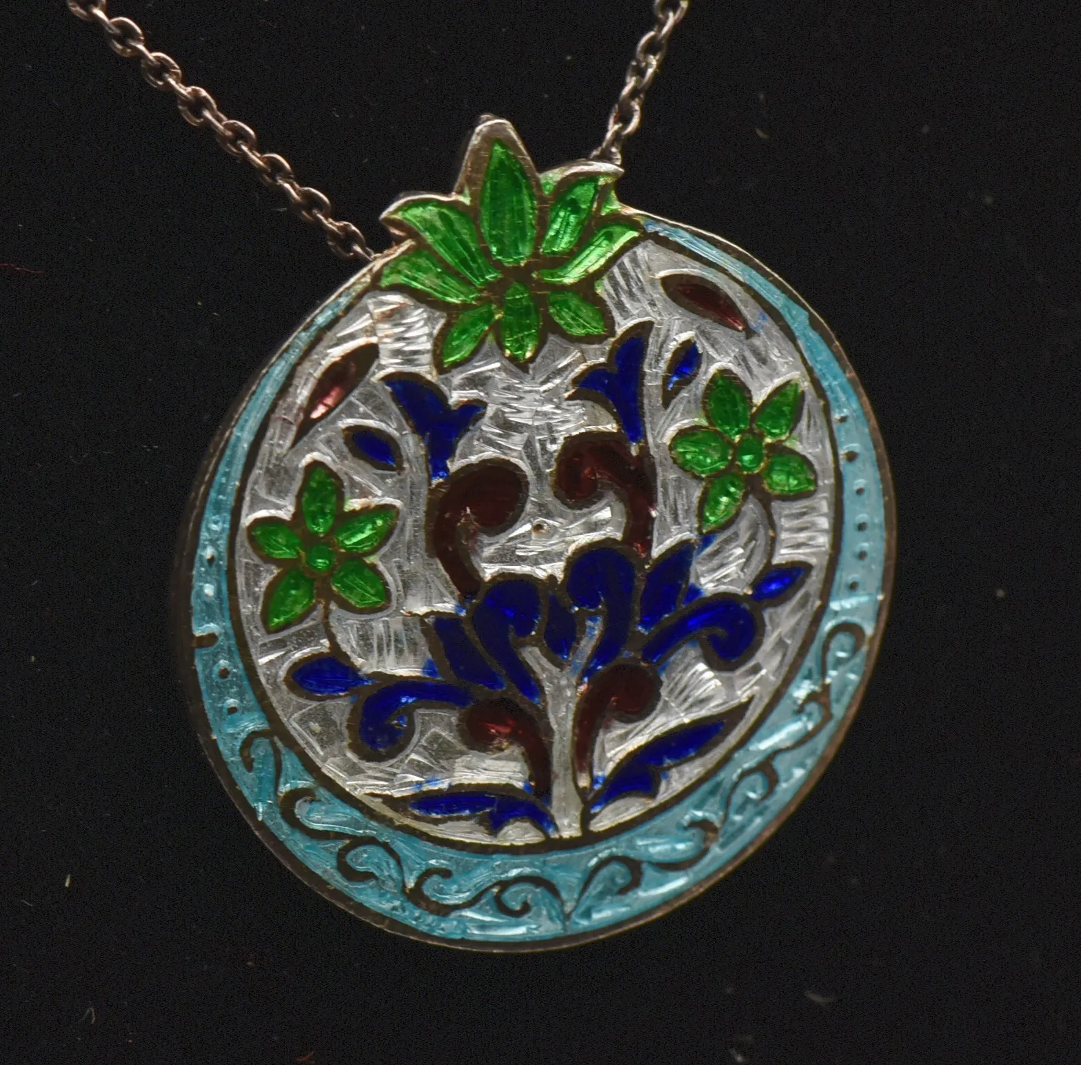 Vintage Champleve Enamel Sterling Silver Pendant on Sterling Silver Chain Necklace - 18"