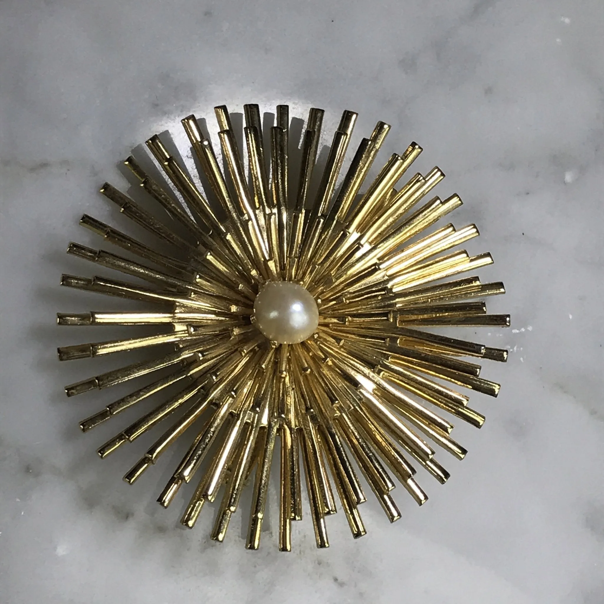 Vintage Sunburst Brooch with Faux Pearl. Possible Necklace or Bracelet?