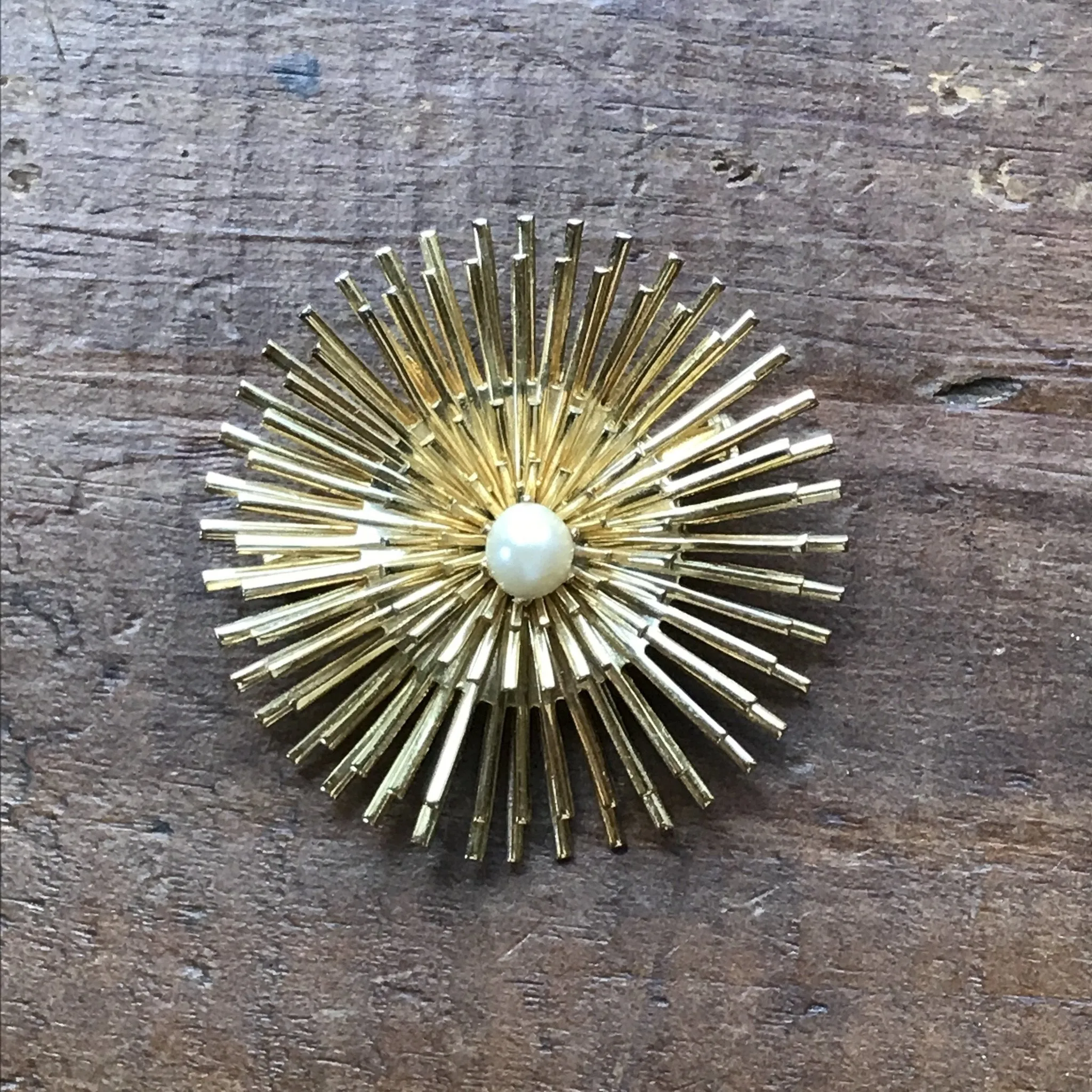 Vintage Sunburst Brooch with Faux Pearl. Possible Necklace or Bracelet?