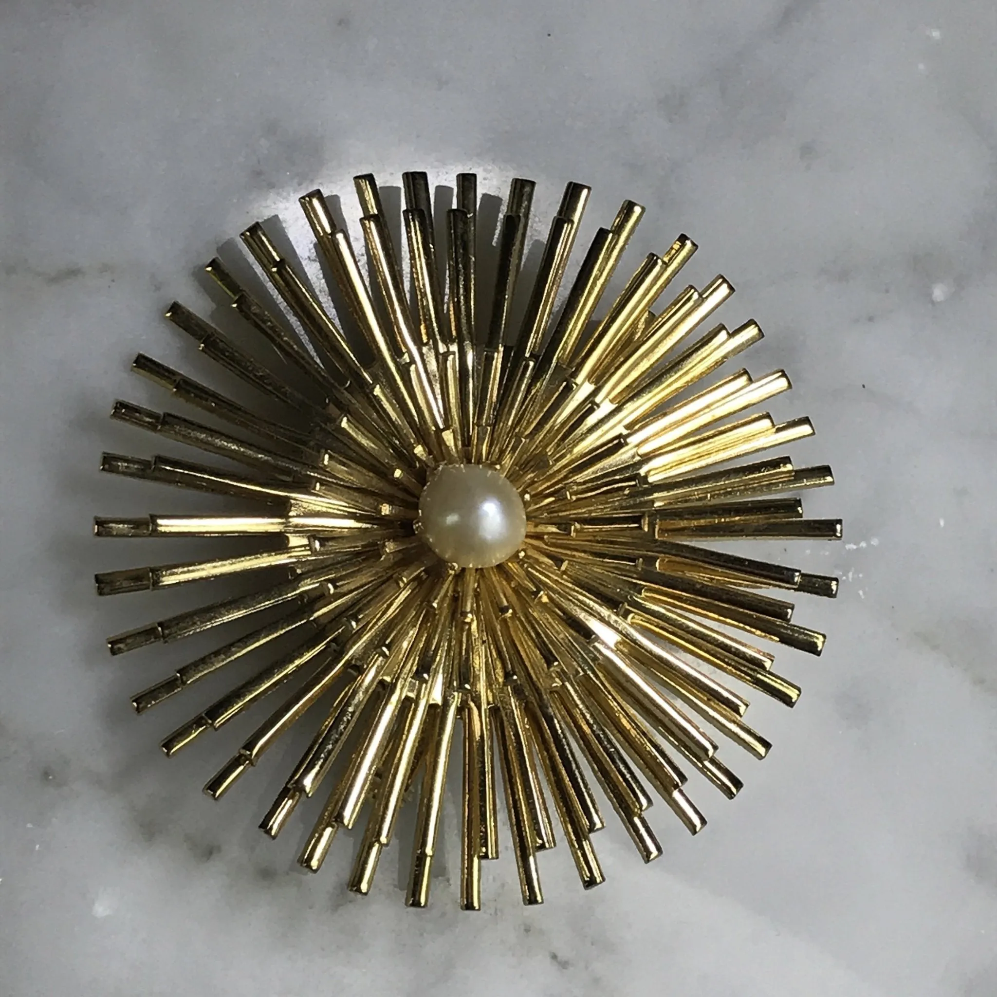 Vintage Sunburst Brooch with Faux Pearl. Possible Necklace or Bracelet?